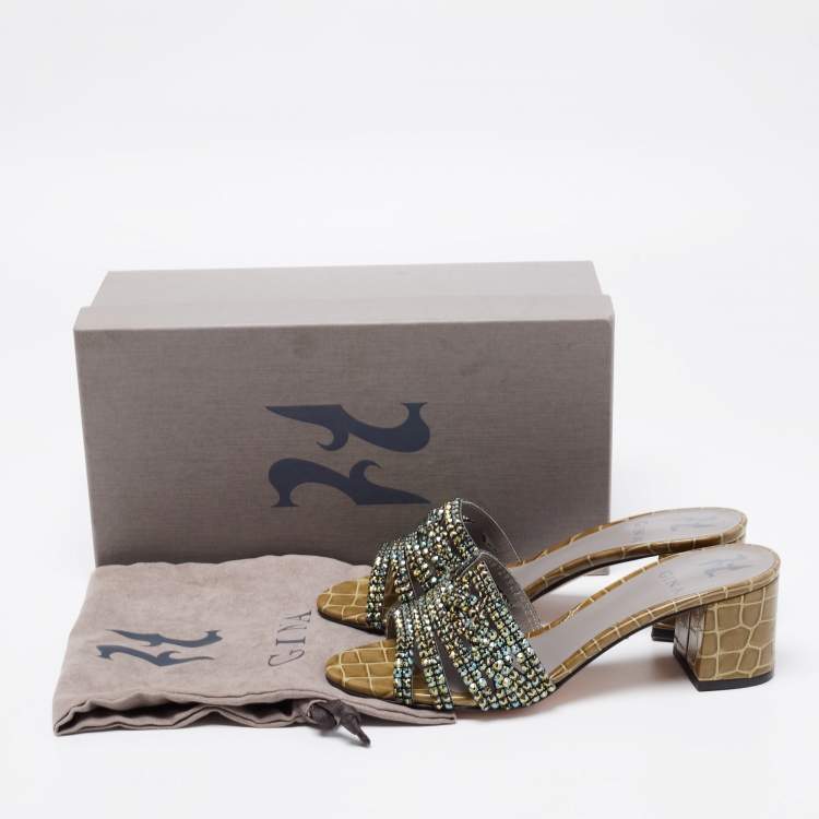 Pre Owned Gina Olive Green Croc Embossed Patent Embellished Slide Sandals Size 38