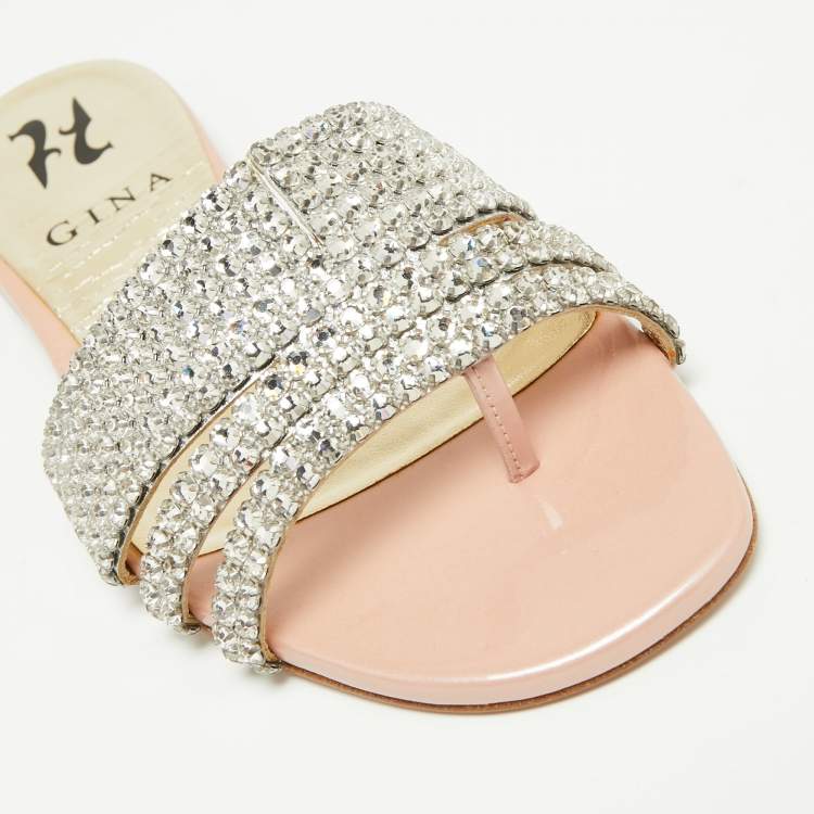Pre Owned Gina Pink Patent Leather Crystals Embellished Flat Sandals Size 35 