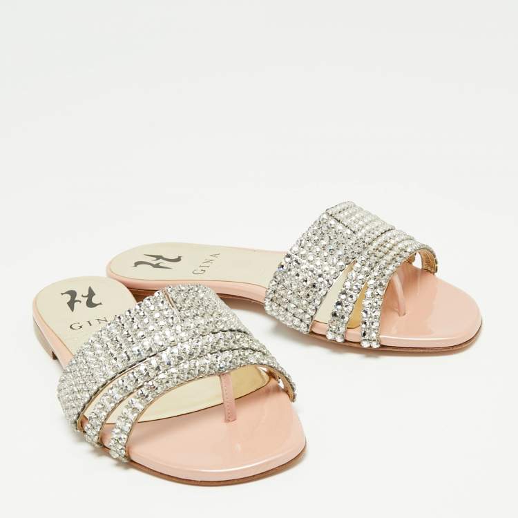 Pre Owned Gina Pink Patent Leather Crystals Embellished Flat Sandals Size 35 