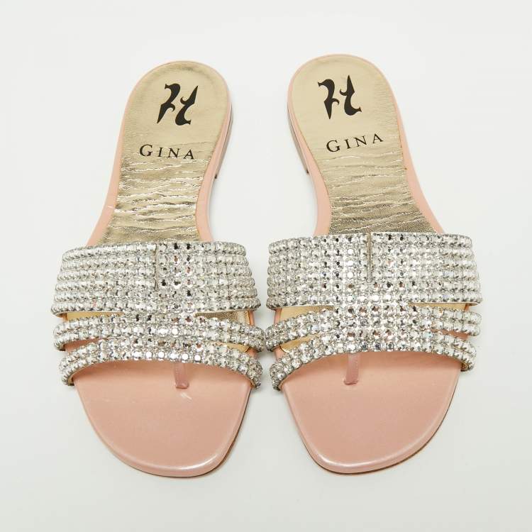 Pre Owned Gina Pink Patent Leather Crystals Embellished Flat Sandals Size 35 