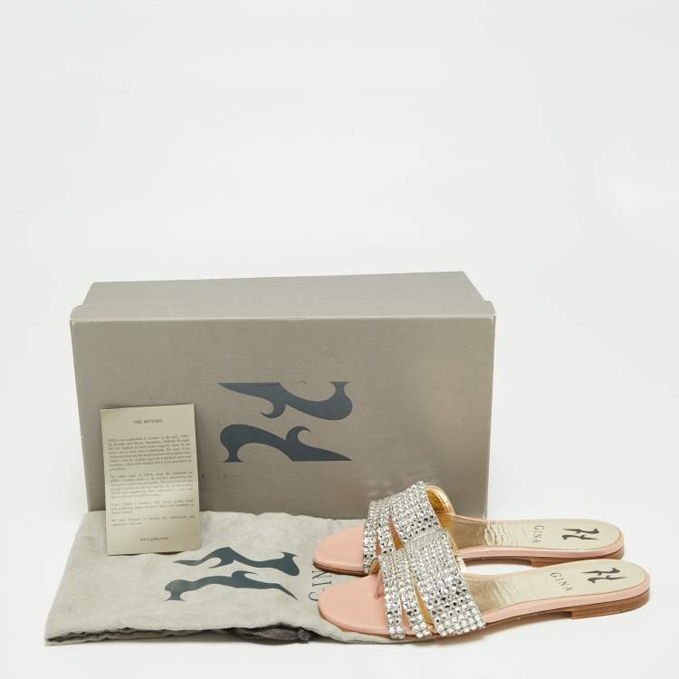 Pre Owned Gina Pink Patent Leather Crystals Embellished Flat Sandals Size 35 