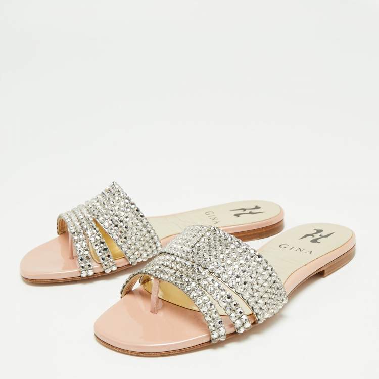 Pre Owned Gina Pink Patent Leather Crystals Embellished Flat Sandals Size 35 