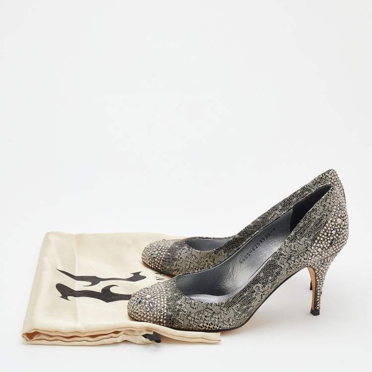 Pre Owned Gina Black/Silver Suede And Lace Crystal Embellished Pumps Size 40