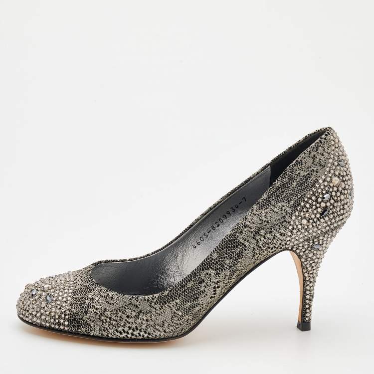 Pre Owned Gina Black/Silver Suede And Lace Crystal Embellished Pumps Size 40