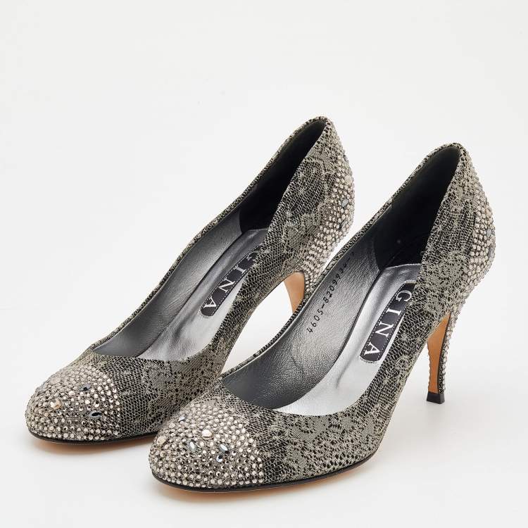 Pre Owned Gina Black/Silver Suede And Lace Crystal Embellished Pumps Size 40