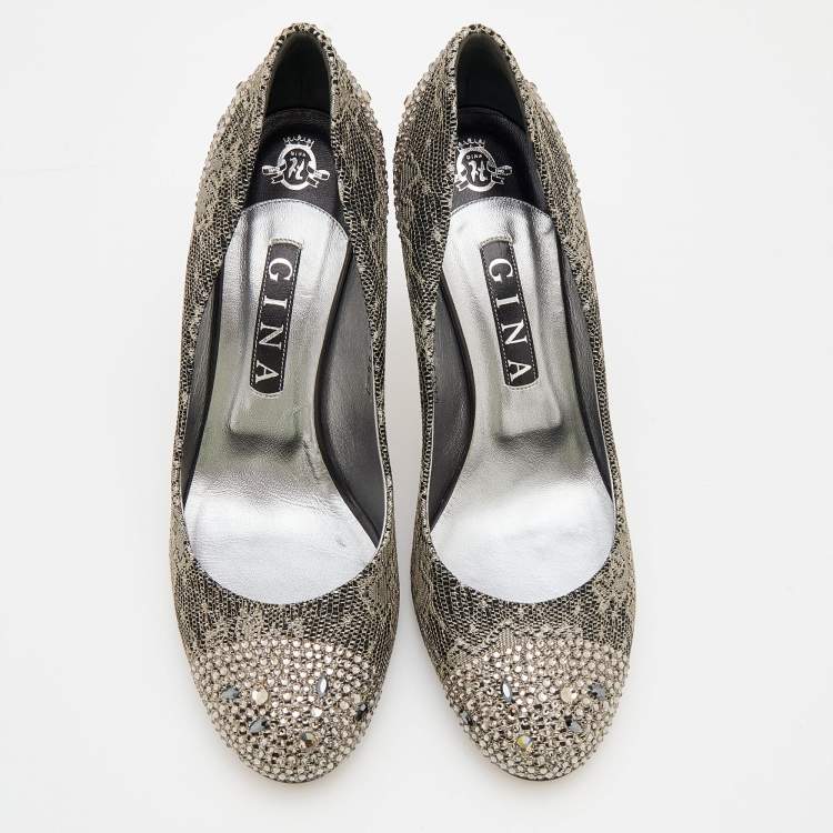 Pre Owned Gina Black/Silver Suede And Lace Crystal Embellished Pumps Size 40