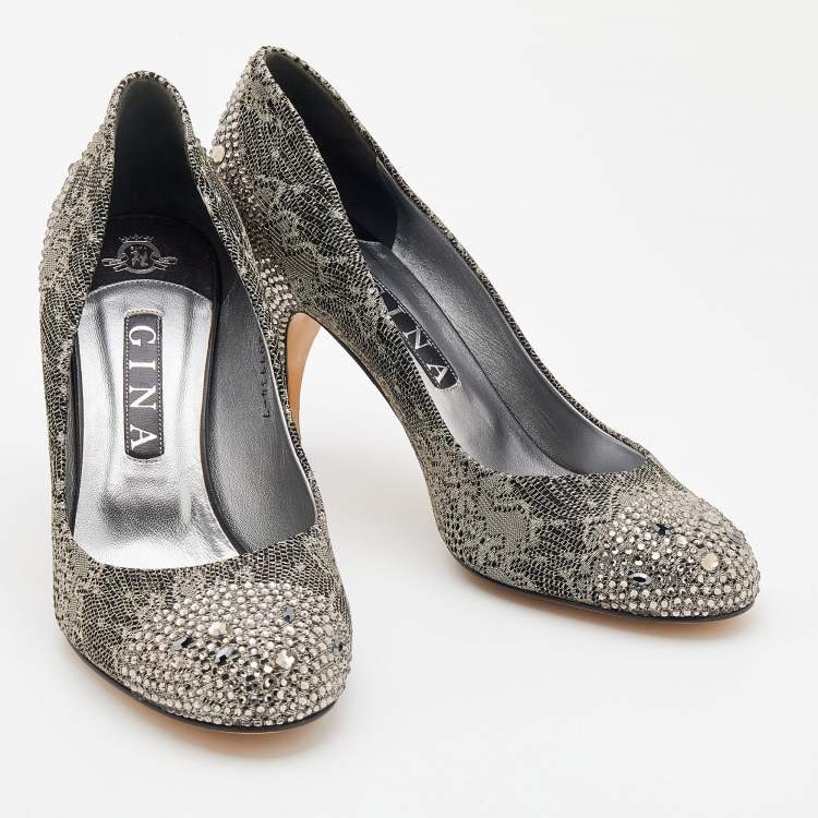 Pre Owned Gina Black/Silver Suede And Lace Crystal Embellished Pumps Size 40