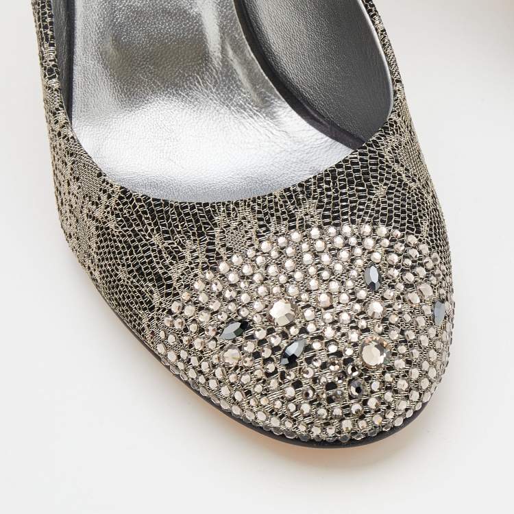 Pre Owned Gina Black/Silver Suede And Lace Crystal Embellished Pumps Size 40