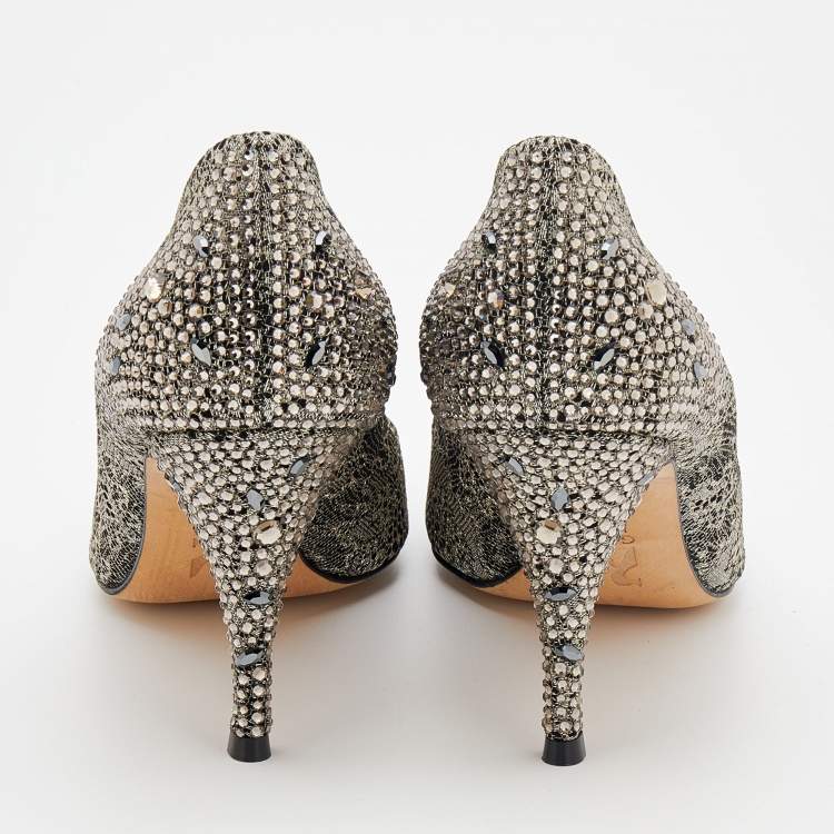 Pre Owned Gina Black/Silver Suede And Lace Crystal Embellished Pumps Size 40