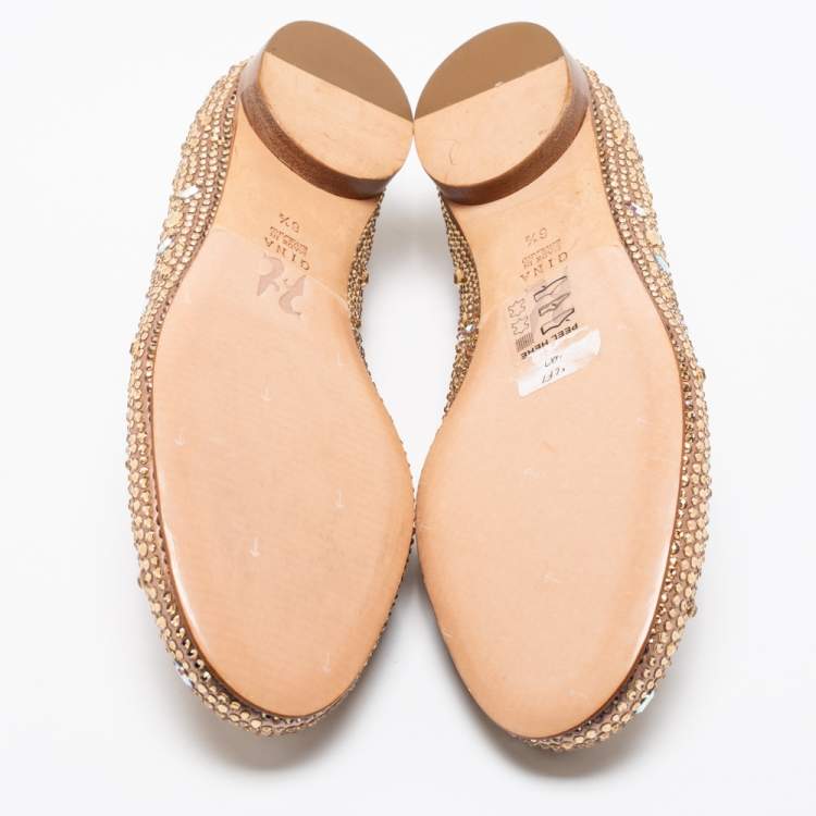 Pre Owned Gina Rose Gold Crystal Embellished Satin Ballet Flats Size 39.5