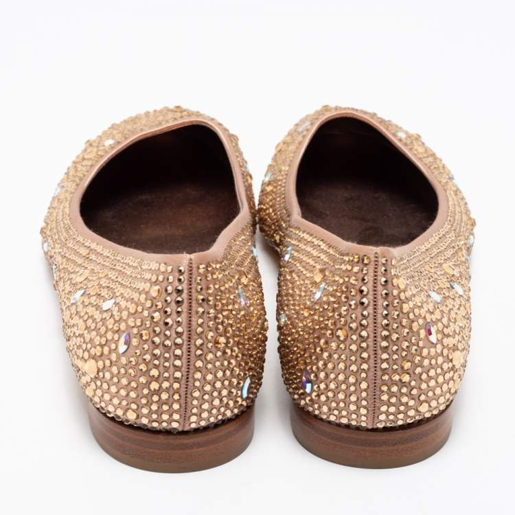 Pre Owned Gina Rose Gold Crystal Embellished Satin Ballet Flats Size 39.5