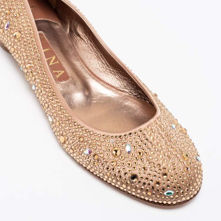 Pre Owned Gina Rose Gold Crystal Embellished Satin Ballet Flats Size 39.5