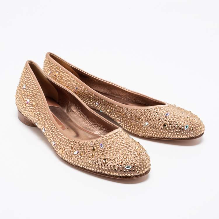 Pre Owned Gina Rose Gold Crystal Embellished Satin Ballet Flats Size 39.5