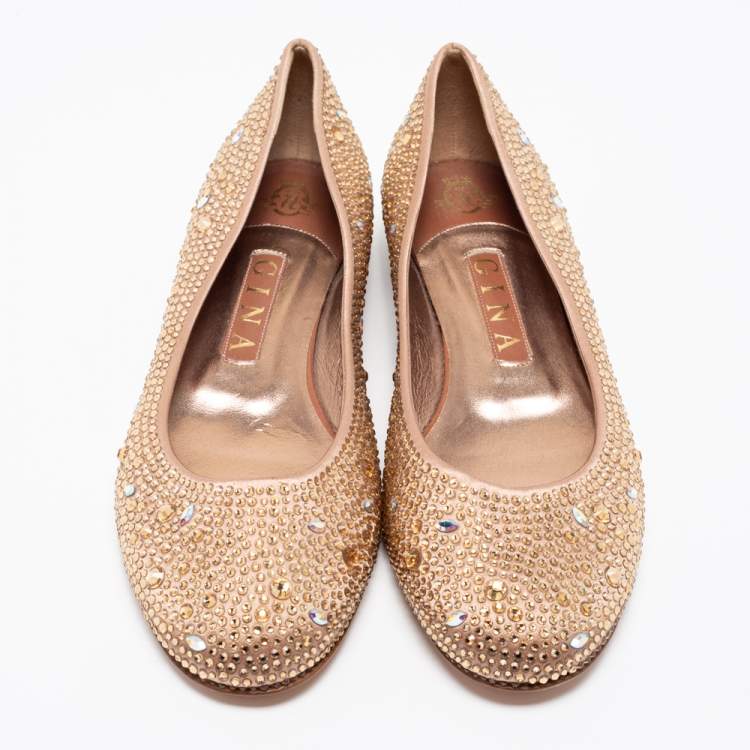 Pre Owned Gina Rose Gold Crystal Embellished Satin Ballet Flats Size 39.5