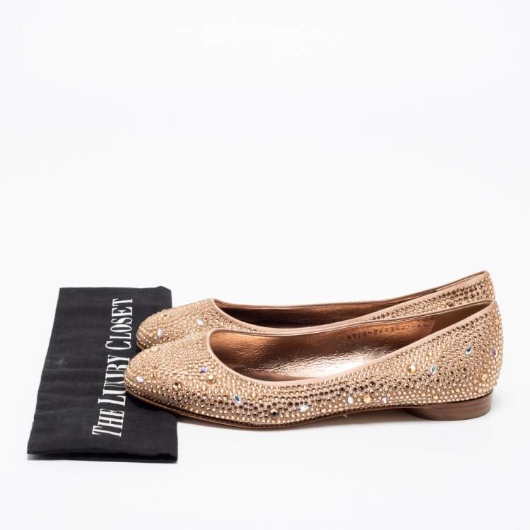 Pre Owned Gina Rose Gold Crystal Embellished Satin Ballet Flats Size 39.5
