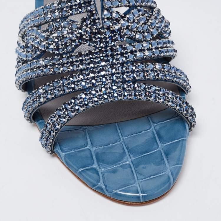Pre Owned Gina Blue Crystal Embellished Leather Loren Slide Sandals Size 38.5
