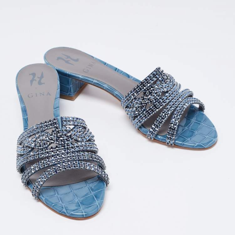 Pre Owned Gina Blue Crystal Embellished Leather Loren Slide Sandals Size 38.5