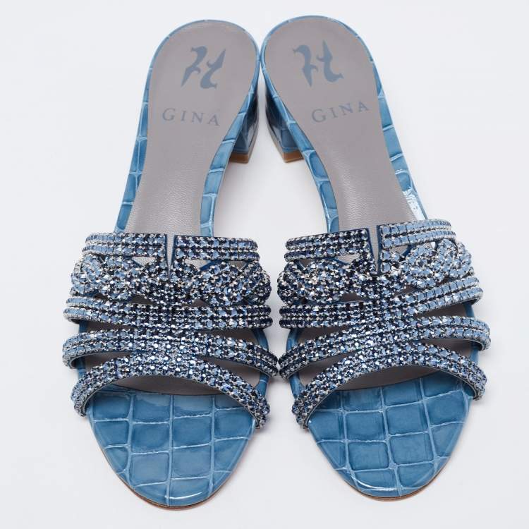 Pre Owned Gina Blue Crystal Embellished Leather Loren Slide Sandals Size 38.5