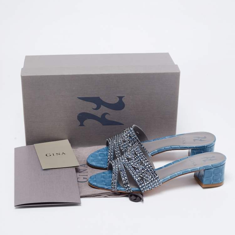 Pre Owned Gina Blue Crystal Embellished Leather Loren Slide Sandals Size 38.5