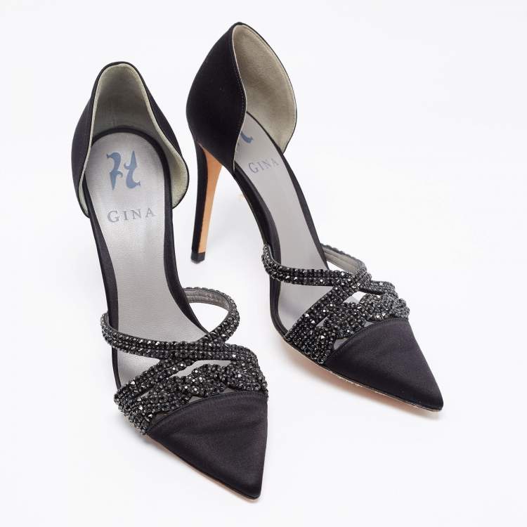 Pre Owned Gina Black Satin Crystal Embellished  D'Orsay Pointed Toe Pumps Size 37