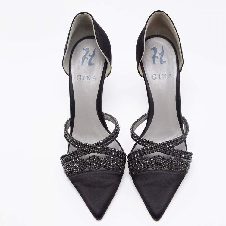 Pre Owned Gina Black Satin Crystal Embellished  D'Orsay Pointed Toe Pumps Size 37
