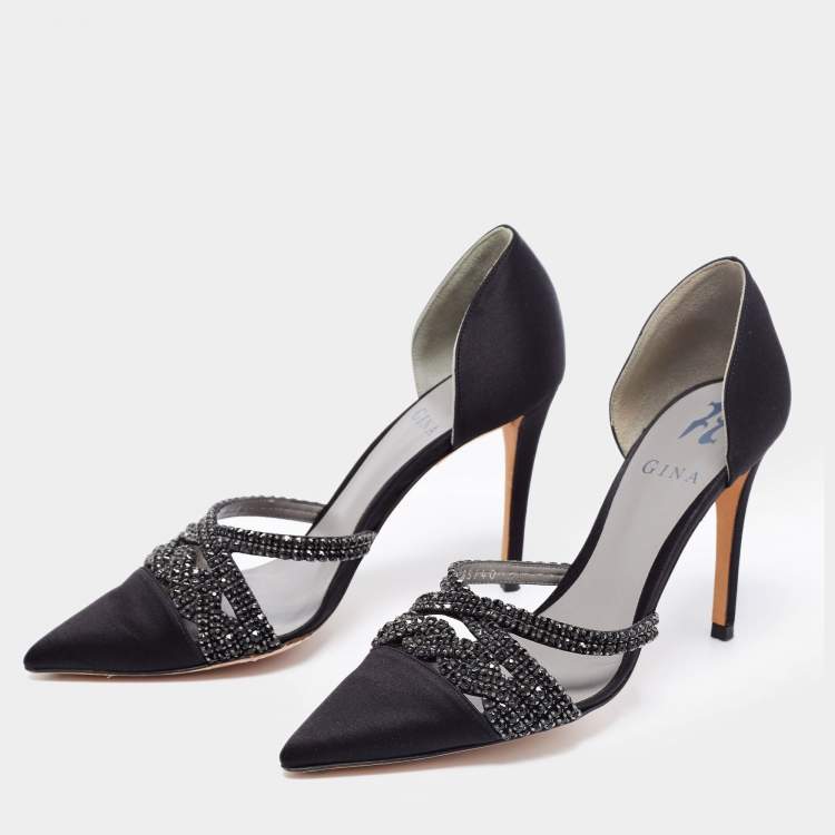 Pre Owned Gina Black Satin Crystal Embellished  D'Orsay Pointed Toe Pumps Size 37