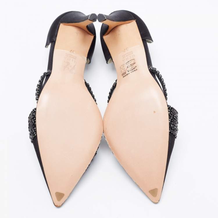 Pre Owned Gina Black Satin Crystal Embellished  D'Orsay Pointed Toe Pumps Size 37