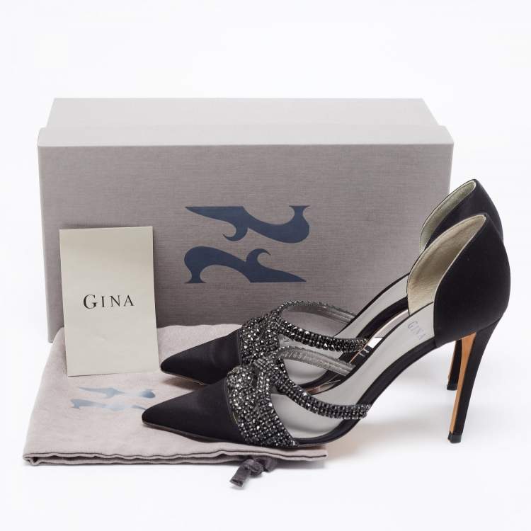 Pre Owned Gina Black Satin Crystal Embellished  D'Orsay Pointed Toe Pumps Size 37