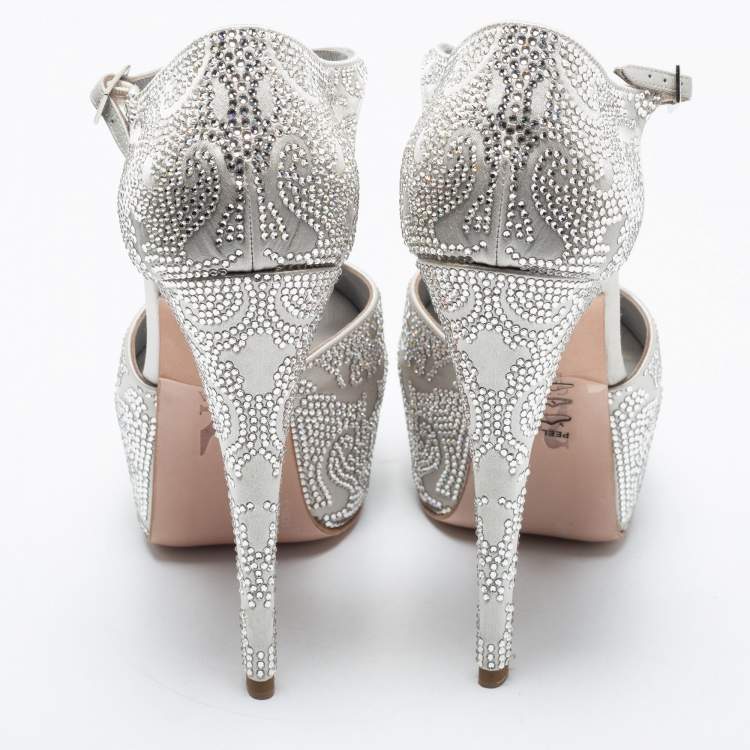 Pre Owned Gina Silver Satin Crystal Embellished Hester Peep Toe Ankle Strap Pumps Size 38