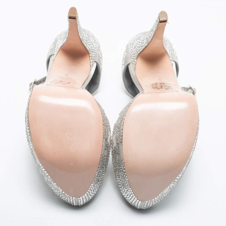 Pre Owned Gina Silver Satin Crystal Embellished Hester Peep Toe Ankle Strap Pumps Size 38