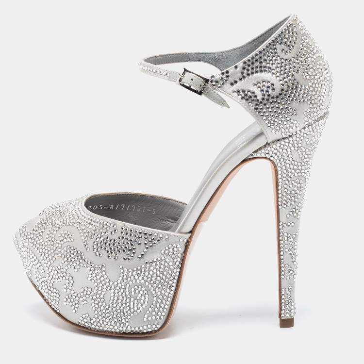 Pre Owned Gina Silver Satin Crystal Embellished Hester Peep Toe Ankle Strap Pumps Size 38