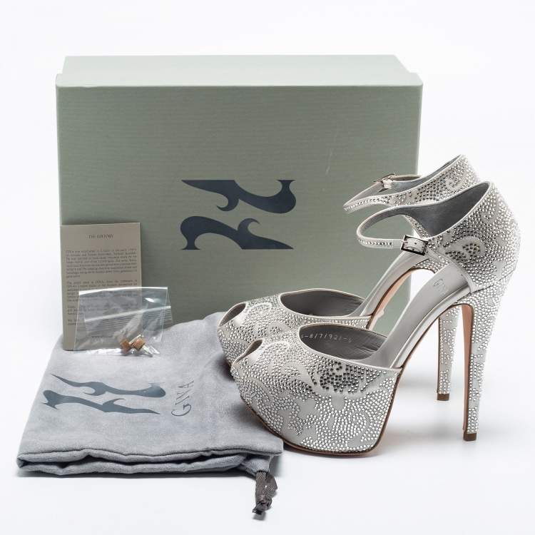 Pre Owned Gina Silver Satin Crystal Embellished Hester Peep Toe Ankle Strap Pumps Size 38