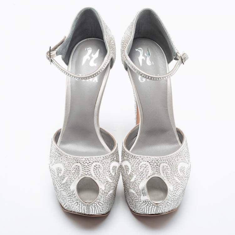 Pre Owned Gina Silver Satin Crystal Embellished Hester Peep Toe Ankle Strap Pumps Size 38