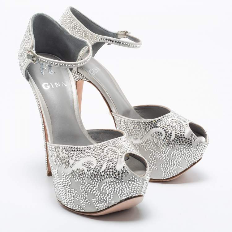 Pre Owned Gina Silver Satin Crystal Embellished Hester Peep Toe Ankle Strap Pumps Size 38