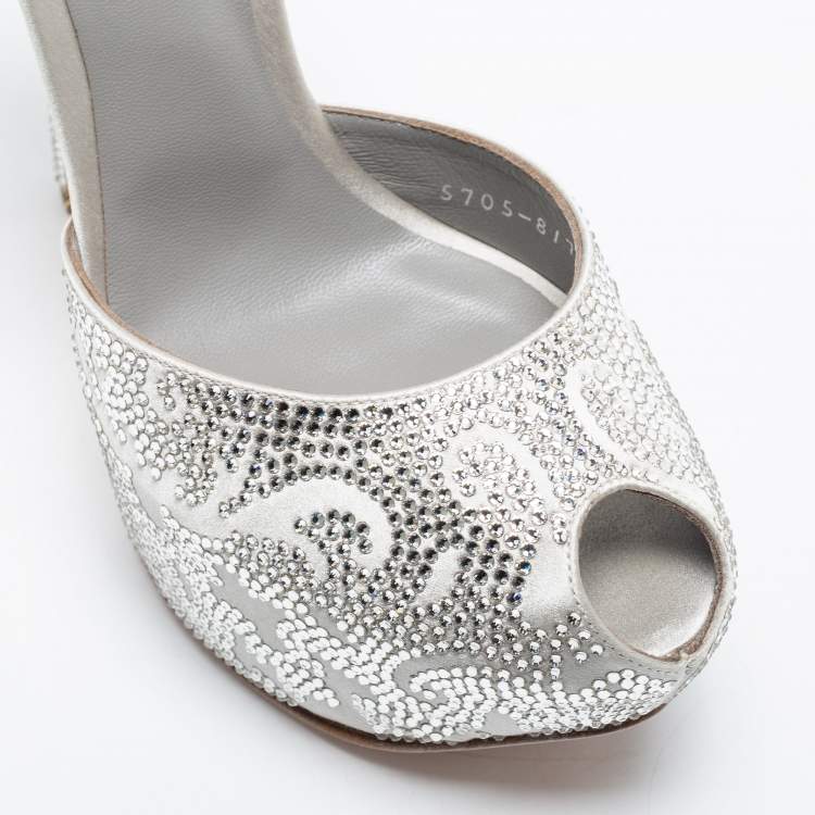 Pre Owned Gina Silver Satin Crystal Embellished Hester Peep Toe Ankle Strap Pumps Size 38