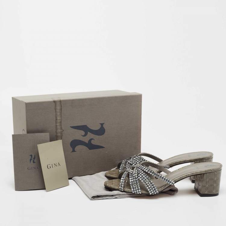 Pre Owned Gina Grey Crystal Embellished Patent Croc Embossed Leather Slide Sandals Size 42