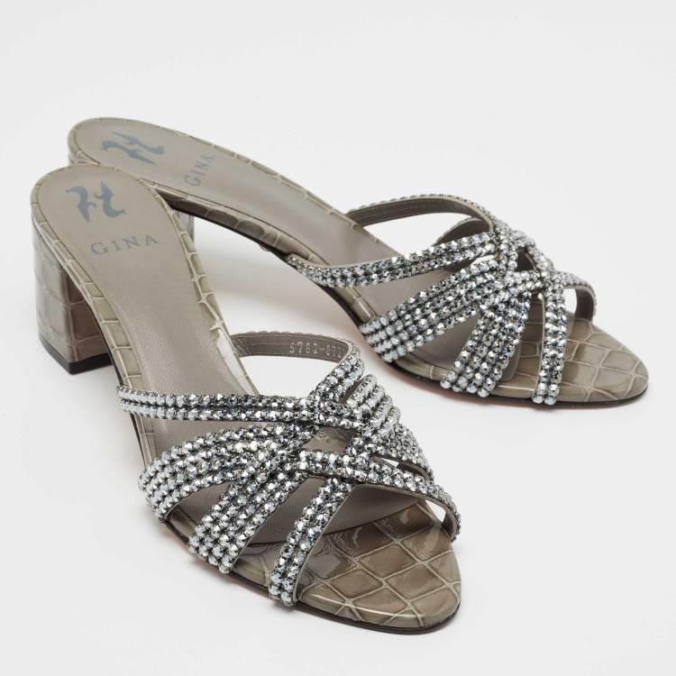 Pre Owned Gina Grey Crystal Embellished Patent Croc Embossed Leather Slide Sandals Size 42