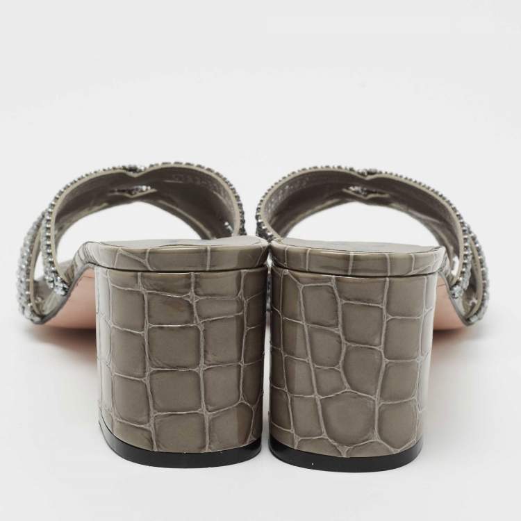 Pre Owned Gina Grey Crystal Embellished Patent Croc Embossed Leather Slide Sandals Size 42