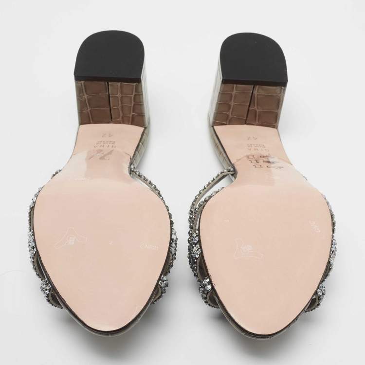 Pre Owned Gina Grey Crystal Embellished Patent Croc Embossed Leather Slide Sandals Size 42