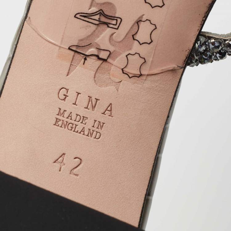 Pre Owned Gina Grey Crystal Embellished Patent Croc Embossed Leather Slide Sandals Size 42