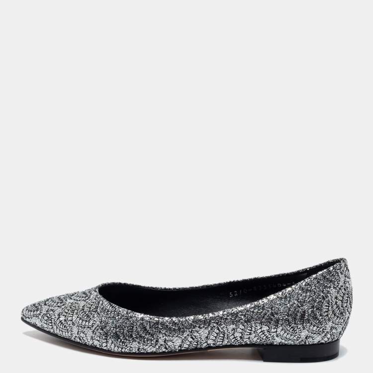 Pre Owned Gina Silver Glitter Embellished Ballet Flats Size 38