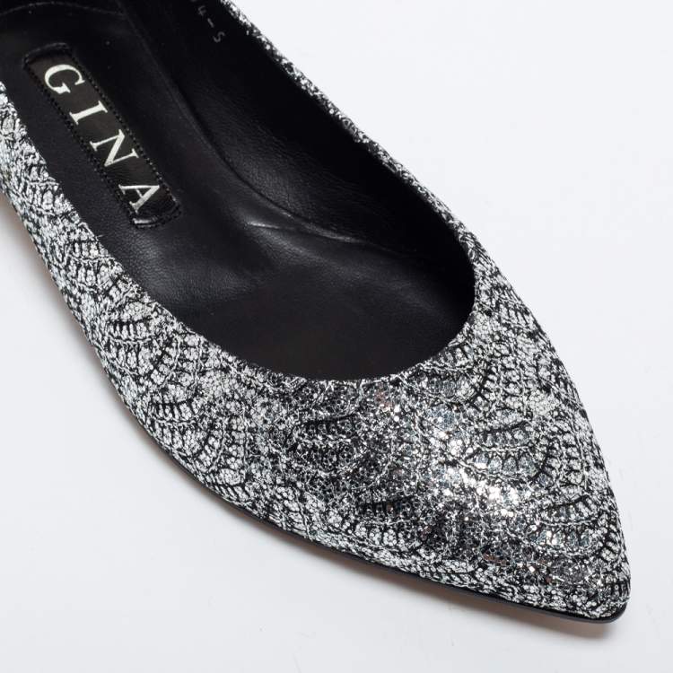 Pre Owned Gina Silver Glitter Embellished Ballet Flats Size 38