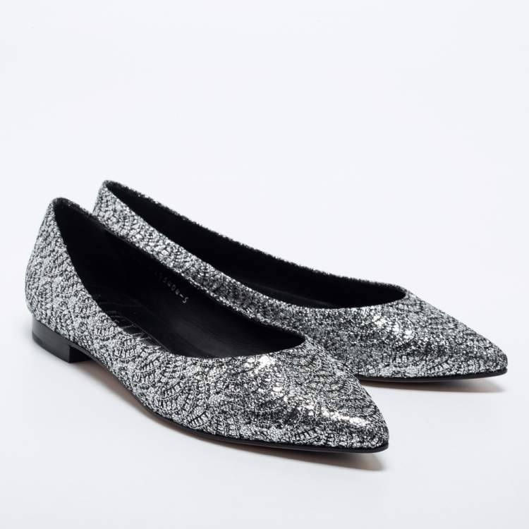 Pre Owned Gina Silver Glitter Embellished Ballet Flats Size 38