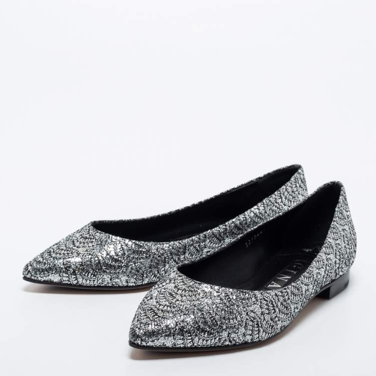Pre Owned Gina Silver Glitter Embellished Ballet Flats Size 38