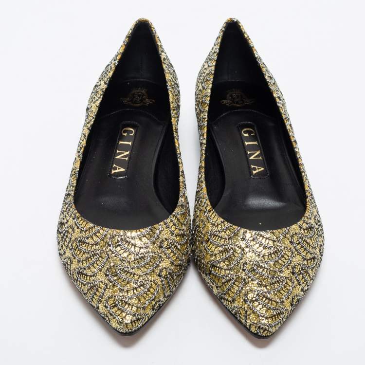 مملوكة مسبقًا Gina Gold Glitter Pointed Toe Ballet Flats Size 39