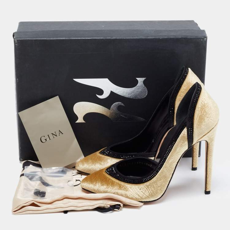 Pre Owned Gina Gold Paisley Print Velvet Crystals Embellished D'orsay Pumps Size 38