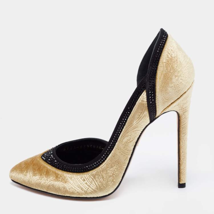 Pre Owned Gina Gold Paisley Print Velvet Crystals Embellished D'orsay Pumps Size 38