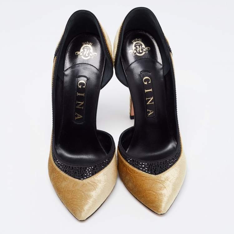 Pre Owned Gina Gold Paisley Print Velvet Crystals Embellished D'orsay Pumps Size 38