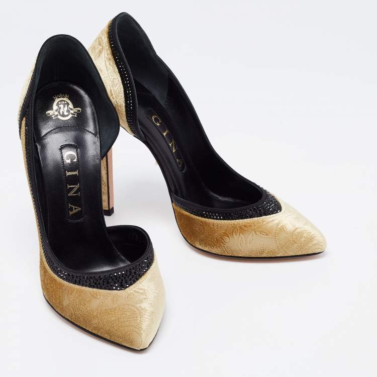 Pre Owned Gina Gold Paisley Print Velvet Crystals Embellished D'orsay Pumps Size 38