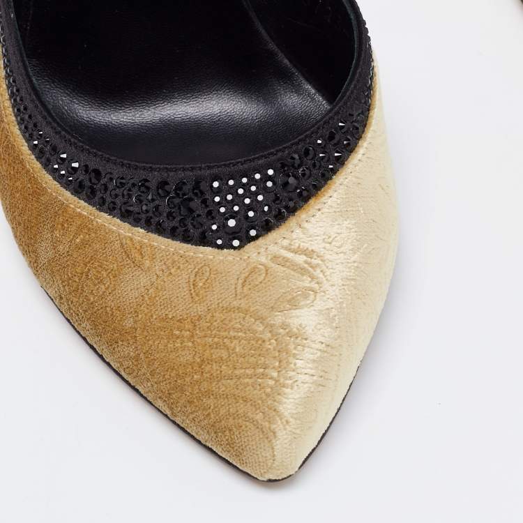 Pre Owned Gina Gold Paisley Print Velvet Crystals Embellished D'orsay Pumps Size 38